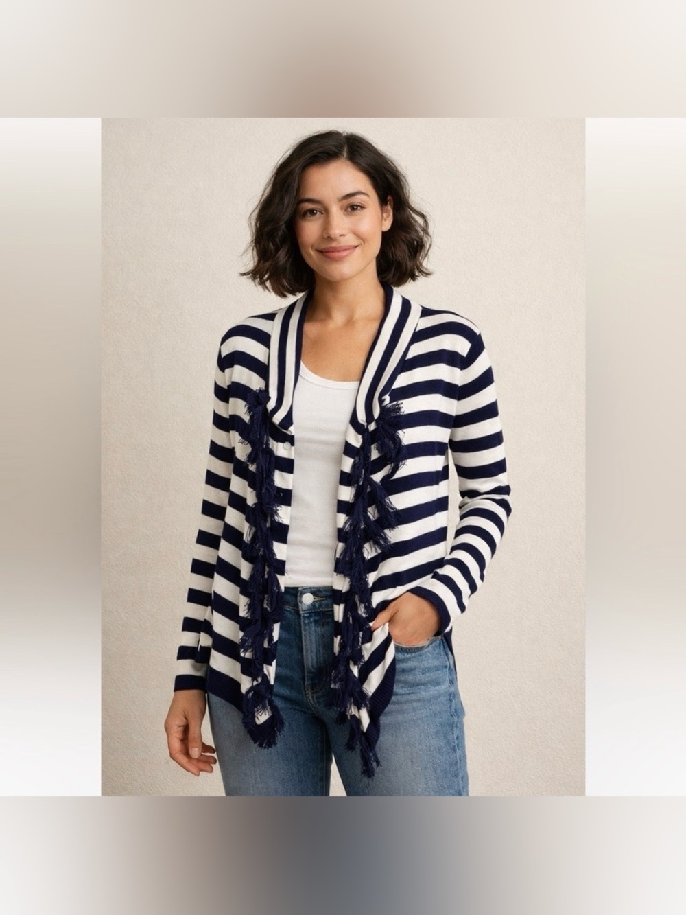 Duffield Lane Cardigan Sweater XL Silk Blend Navy White Striped Tassel Nautical